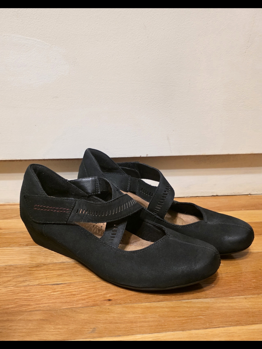 Rockport Cobb Hill Sz 8 Janet black leather suede Mary Jane wedge shoes